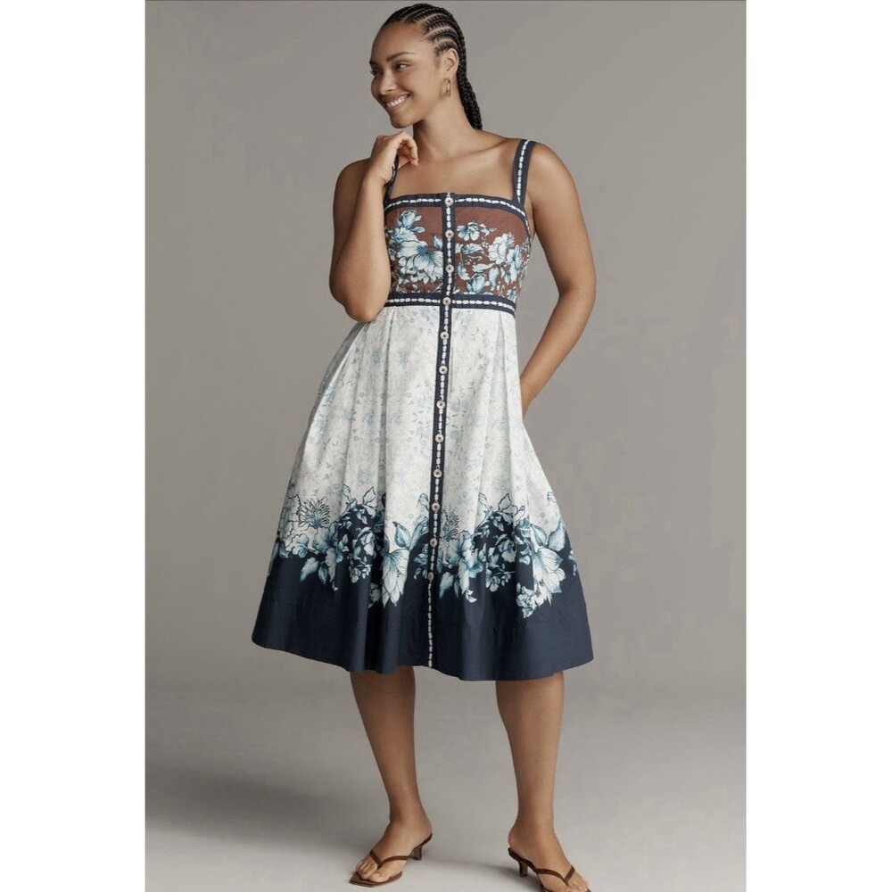 Anthropologie Maeve Midi Dress Blue Square Neck Button Front Preppy Size Md New